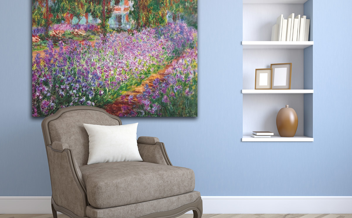 Blue wall and livingroom with Claude Monet's painting.